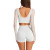 imageLASLULU Mesh Long Sleeve Crop Tops for Women Double Lined Workout Athletic Gym Shirts Cropped Tops with Built in BraWhite