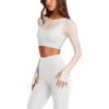 imageLASLULU Mesh Long Sleeve Crop Tops for Women Double Lined Workout Athletic Gym Shirts Cropped Tops with Built in BraWhite