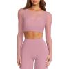 imageLASLULU Mesh Long Sleeve Crop Tops for Women Double Lined Workout Athletic Gym Shirts Cropped Tops with Built in BraLight Pink