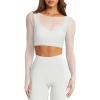imageLASLULU Mesh Long Sleeve Crop Tops for Women Double Lined Workout Athletic Gym Shirts Cropped Tops with Built in BraWhite