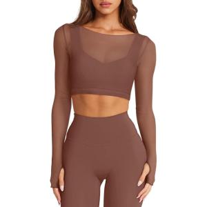 imageLASLULU Mesh Long Sleeve Crop Tops for Women Double Lined Workout Athletic Gym Shirts Cropped Tops with Built in BraDark Coffee