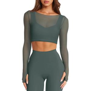 imageLASLULU Mesh Long Sleeve Crop Tops for Women Double Lined Workout Athletic Gym Shirts Cropped Tops with Built in BraForest Green