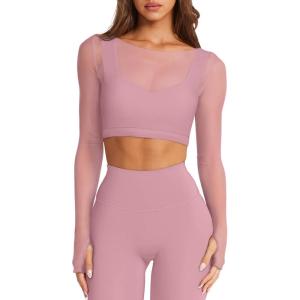 imageLASLULU Mesh Long Sleeve Crop Tops for Women Double Lined Workout Athletic Gym Shirts Cropped Tops with Built in BraLight Pink