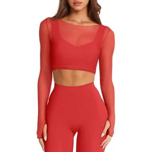 imageLASLULU Mesh Long Sleeve Crop Tops for Women Double Lined Workout Athletic Gym Shirts Cropped Tops with Built in BraRed