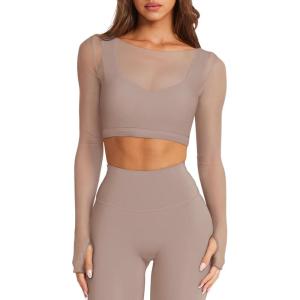 imageLASLULU Mesh Long Sleeve Crop Tops for Women Double Lined Workout Athletic Gym Shirts Cropped Tops with Built in BraSienna