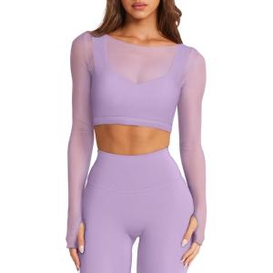 imageLASLULU Mesh Long Sleeve Crop Tops for Women Double Lined Workout Athletic Gym Shirts Cropped Tops with Built in BraViolet