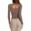 imageLASLULU Womens Active Long Sleeve Workout Tops Scoop Neck Athletic Yoga Gym Running Shirts Tops CutoutBrown