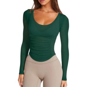 imageLASLULU Womens Active Long Sleeve Workout Tops Scoop Neck Athletic Yoga Gym Running Shirts Tops CutoutDark Green