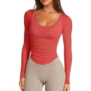 imageLASLULU Womens Active Long Sleeve Workout Tops Scoop Neck Athletic Yoga Gym Running Shirts Tops CutoutOrange Red
