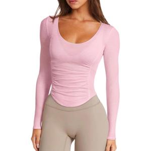 imageLASLULU Womens Active Long Sleeve Workout Tops Scoop Neck Athletic Yoga Gym Running Shirts Tops CutoutPink