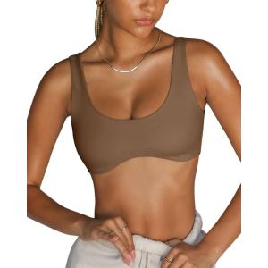 imageLASLULU Sexy Sports Bras for Women Scoop Neck Sleeveless Padded Bra Workout Yoga Crop TopCoffee