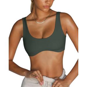 imageLASLULU Sexy Sports Bras for Women Scoop Neck Sleeveless Padded Bra Workout Yoga Crop TopForest Green