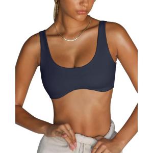 imageLASLULU Sexy Sports Bras for Women Scoop Neck Sleeveless Padded Bra Workout Yoga Crop TopNavy Blue