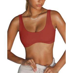 imageLASLULU Sexy Sports Bras for Women Scoop Neck Sleeveless Padded Bra Workout Yoga Crop TopRusty Red