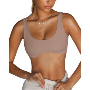 imageLASLULU Sexy Sports Bras for Women Scoop Neck Sleeveless Padded Bra Workout Yoga Crop TopSienna