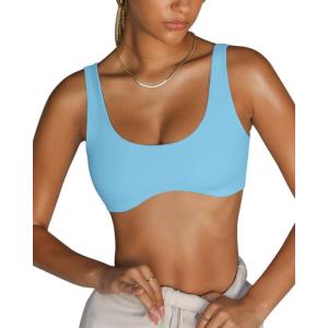 imageLASLULU Sexy Sports Bras for Women Scoop Neck Sleeveless Padded Bra Workout Yoga Crop TopSparkle Blue