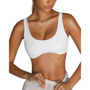 imageLASLULU Sexy Sports Bras for Women Scoop Neck Sleeveless Padded Bra Workout Yoga Crop TopWhite