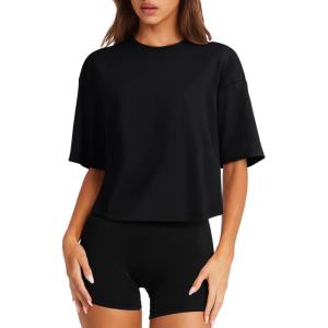 imageLASLULU Womens Cotton Short Sleeve Workout Shirts Loose Fit Crop Tops Yoga Gym Tee Casual Athletic Running TShirtsBlack
