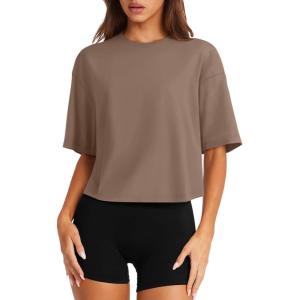 imageLASLULU Womens Cotton Short Sleeve Workout Shirts Loose Fit Crop Tops Yoga Gym Tee Casual Athletic Running TShirtsCoffee