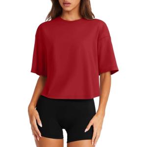 imageLASLULU Womens Cotton Short Sleeve Workout Shirts Loose Fit Crop Tops Yoga Gym Tee Casual Athletic Running TShirtsRed