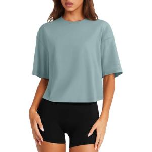 imageLASLULU Womens Cotton Short Sleeve Workout Shirts Loose Fit Crop Tops Yoga Gym Tee Casual Athletic Running TShirtsSage Green