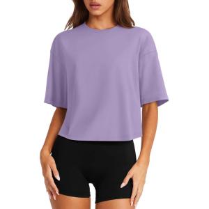 imageLASLULU Womens Cotton Short Sleeve Workout Shirts Loose Fit Crop Tops Yoga Gym Tee Casual Athletic Running TShirtsViolet