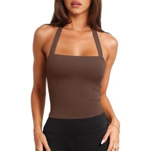imageLASLULU Womens Sexy Halter Sports Bra Backless Padded Workout Tops Wirefree Sleeveless Gym Yoga Tank Tops Y2k Casual CropCoffee