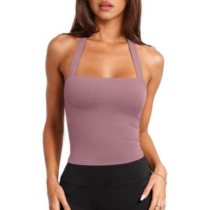 imageLASLULU Womens Sexy Halter Sports Bra Backless Padded Workout Tops Wirefree Sleeveless Gym Yoga Tank Tops Y2k Casual CropRed Bean Paste