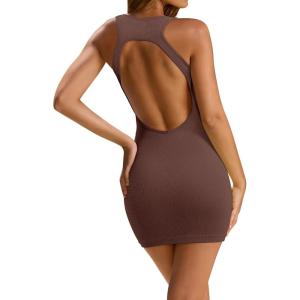 imageLASLULU Womens Bodycon Mini Dress Backless Built in Bra Casual Cute Sundresses Ribbed Summer Tank DressCoffee