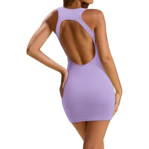 imageLASLULU Womens Bodycon Mini Dress Backless Built in Bra Casual Cute Sundresses Ribbed Summer Tank DressHazy Lilac