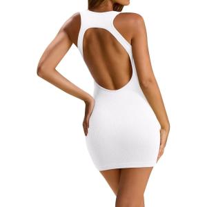 imageLASLULU Womens Bodycon Mini Dress Backless Built in Bra Casual Cute Sundresses Ribbed Summer Tank DressWhite