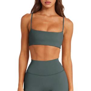 imageLASLULU Womens Adjustable Spaghetti Straps Sports Bra Sexy Square Neck Wireless Padded Workout Yoga Crop Tops BralettesForest Green