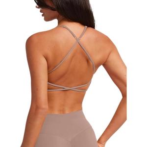 imageLASLULU Womens Double Lined Criss Cross Sports Bra Sexy Adjustable Spaghetti Straps Wireless Workout Bralettes No PaddingAlmond