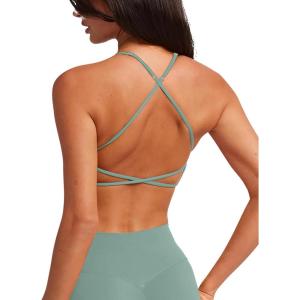 imageLASLULU Womens Double Lined Criss Cross Sports Bra Sexy Adjustable Spaghetti Straps Wireless Workout Bralettes No PaddingMint Green
