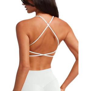 imageLASLULU Womens Double Lined Criss Cross Sports Bra Sexy Adjustable Spaghetti Straps Wireless Workout Bralettes No PaddingWhite