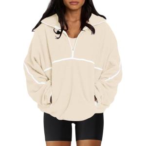 imageLASLULU Womens Half Zip Pullover Sweatshirt Sherpa Fleece Jacket Oversized Sweatshirts Warm Fuzzy Sweaters PocketsApricot