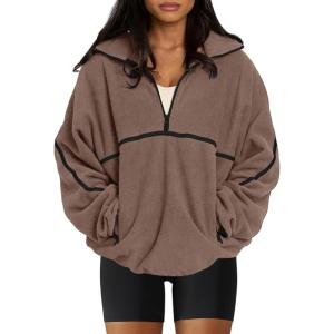 imageLASLULU Womens Half Zip Pullover Sweatshirt Sherpa Fleece Jacket Oversized Sweatshirts Warm Fuzzy Sweaters PocketsBrown