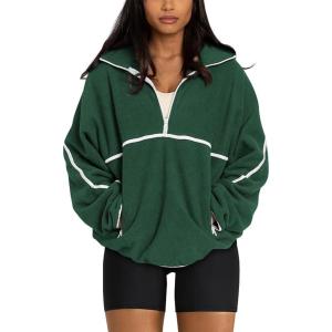 imageLASLULU Womens Half Zip Pullover Sweatshirt Sherpa Fleece Jacket Oversized Sweatshirts Warm Fuzzy Sweaters PocketsGreen