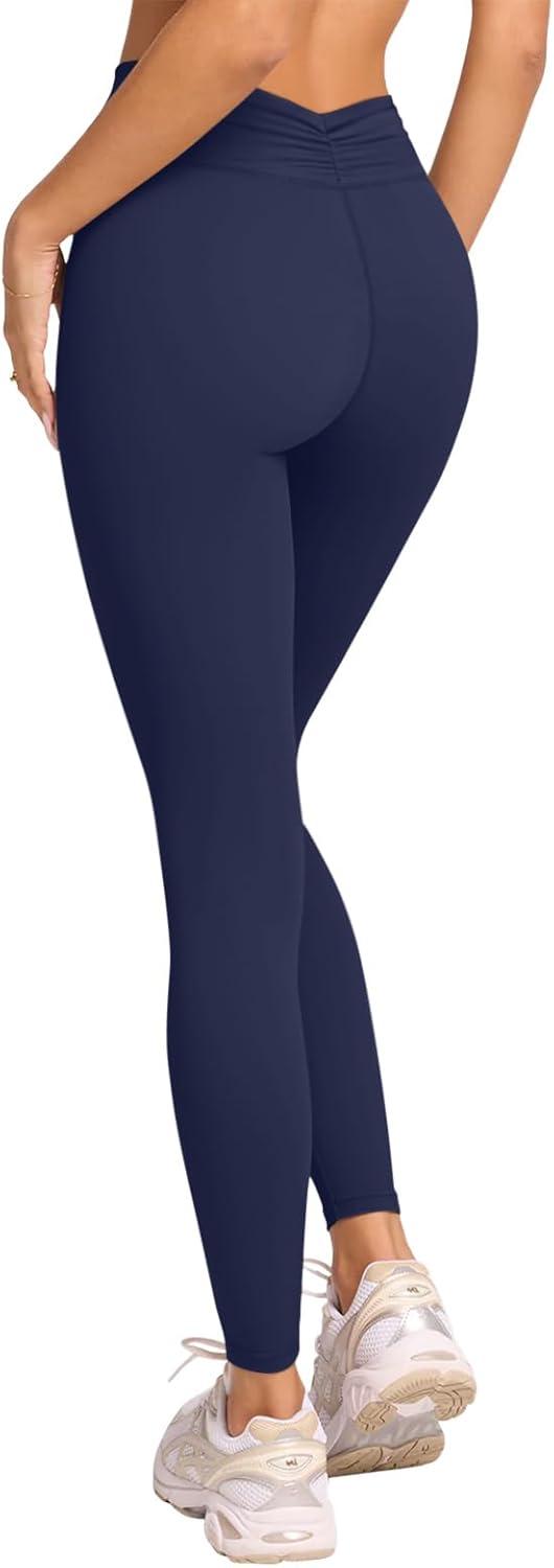 imageLASLULU VHigh Waisted Workout Leggings for Women 28quot Gathered Buttery Soft Compression Leggings Yoga Workout PantsNavy Blue