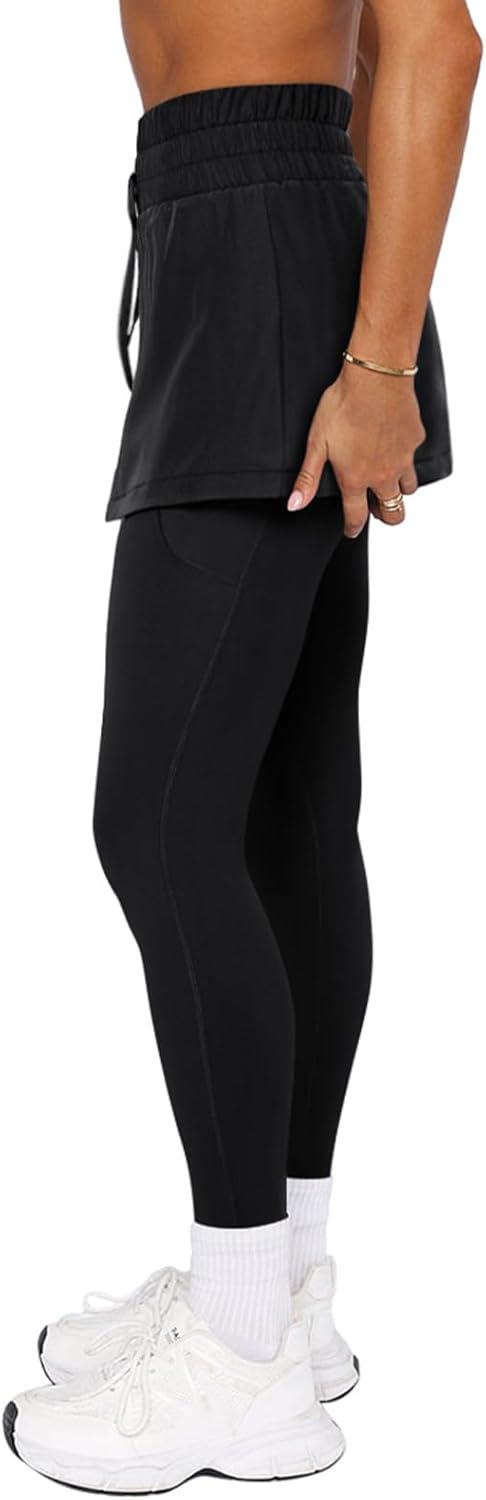 imageLASLULU Womens Tennis Skirted Leggings Yoga Gym Skirts with Leggings Athletic Golf Skorts with PocketsBlack