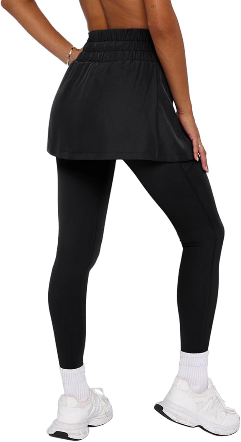 imageLASLULU Womens Tennis Skirted Leggings Yoga Gym Skirts with Leggings Athletic Golf Skorts with PocketsBlack