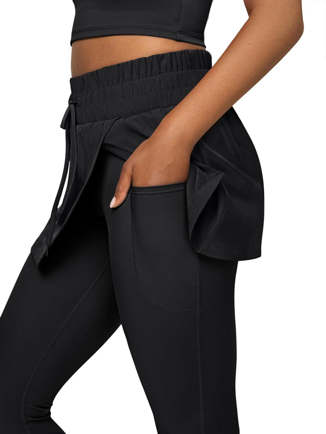 imageLASLULU Womens Tennis Skirted Leggings Yoga Gym Skirts with Leggings Athletic Golf Skorts with PocketsBlack