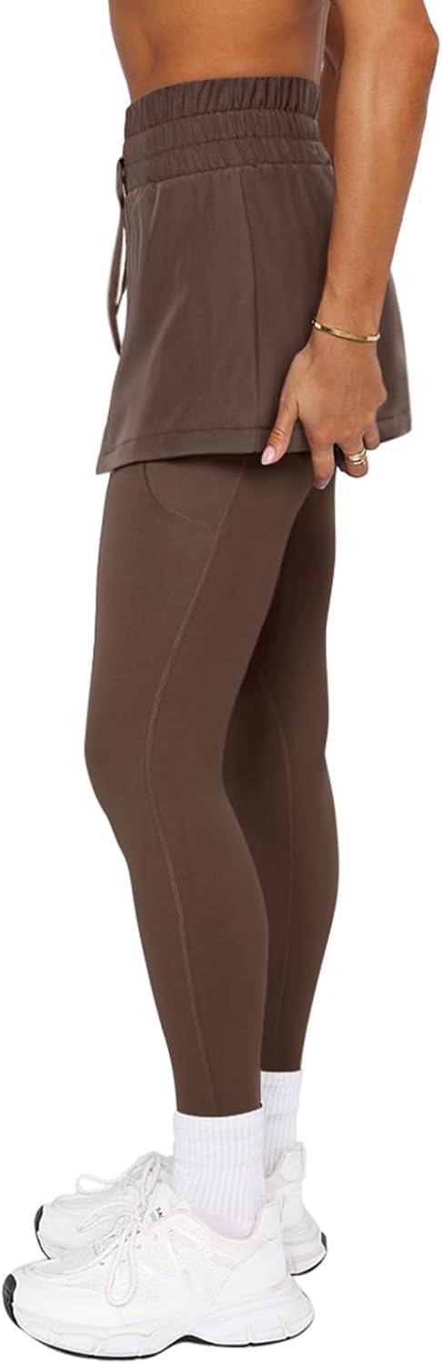 imageLASLULU Womens Tennis Skirted Leggings Yoga Gym Skirts with Leggings Athletic Golf Skorts with PocketsBrown