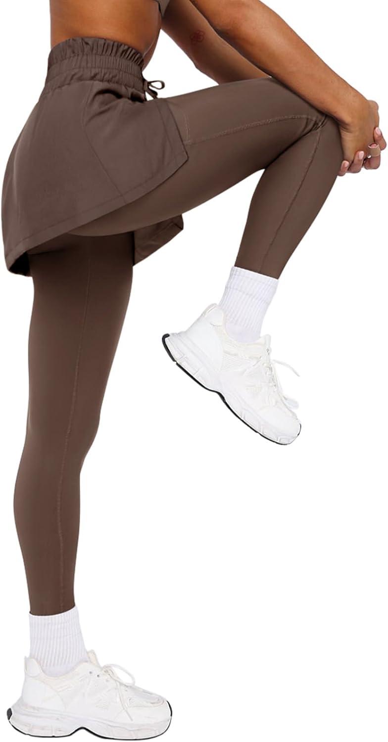 imageLASLULU Womens Tennis Skirted Leggings Yoga Gym Skirts with Leggings Athletic Golf Skorts with PocketsBrown