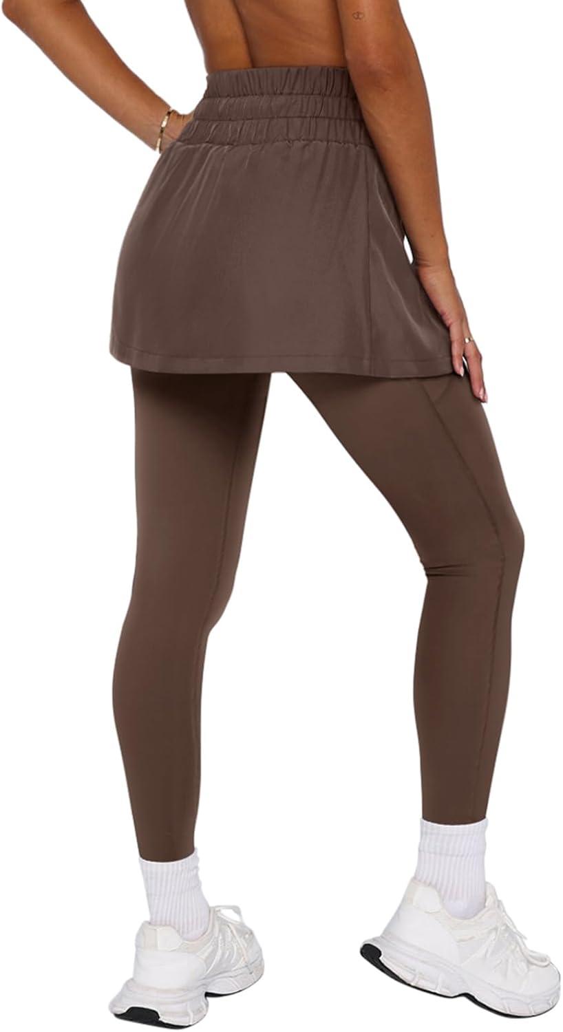 imageLASLULU Womens Tennis Skirted Leggings Yoga Gym Skirts with Leggings Athletic Golf Skorts with PocketsBrown
