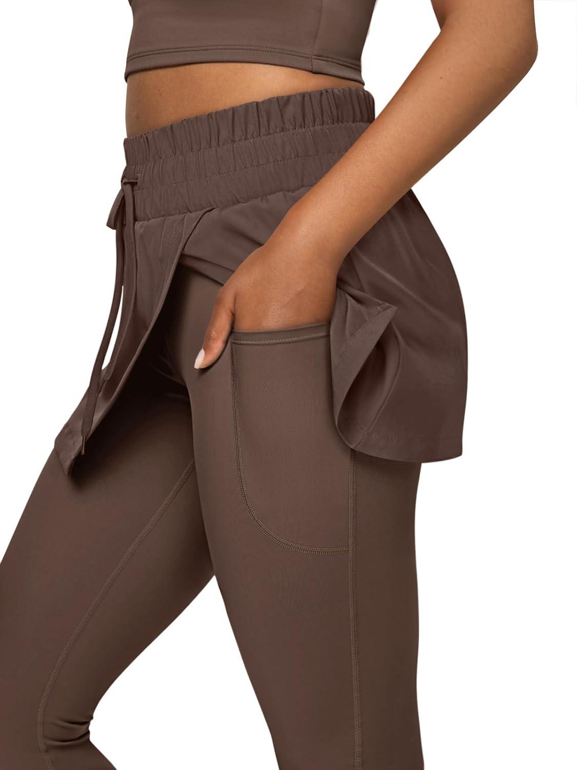 imageLASLULU Womens Tennis Skirted Leggings Yoga Gym Skirts with Leggings Athletic Golf Skorts with PocketsBrown