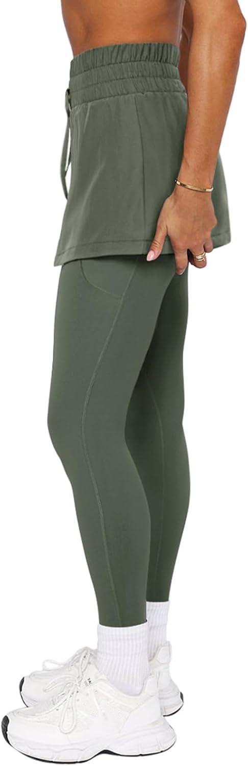 imageLASLULU Womens Tennis Skirted Leggings Yoga Gym Skirts with Leggings Athletic Golf Skorts with PocketsDark Green