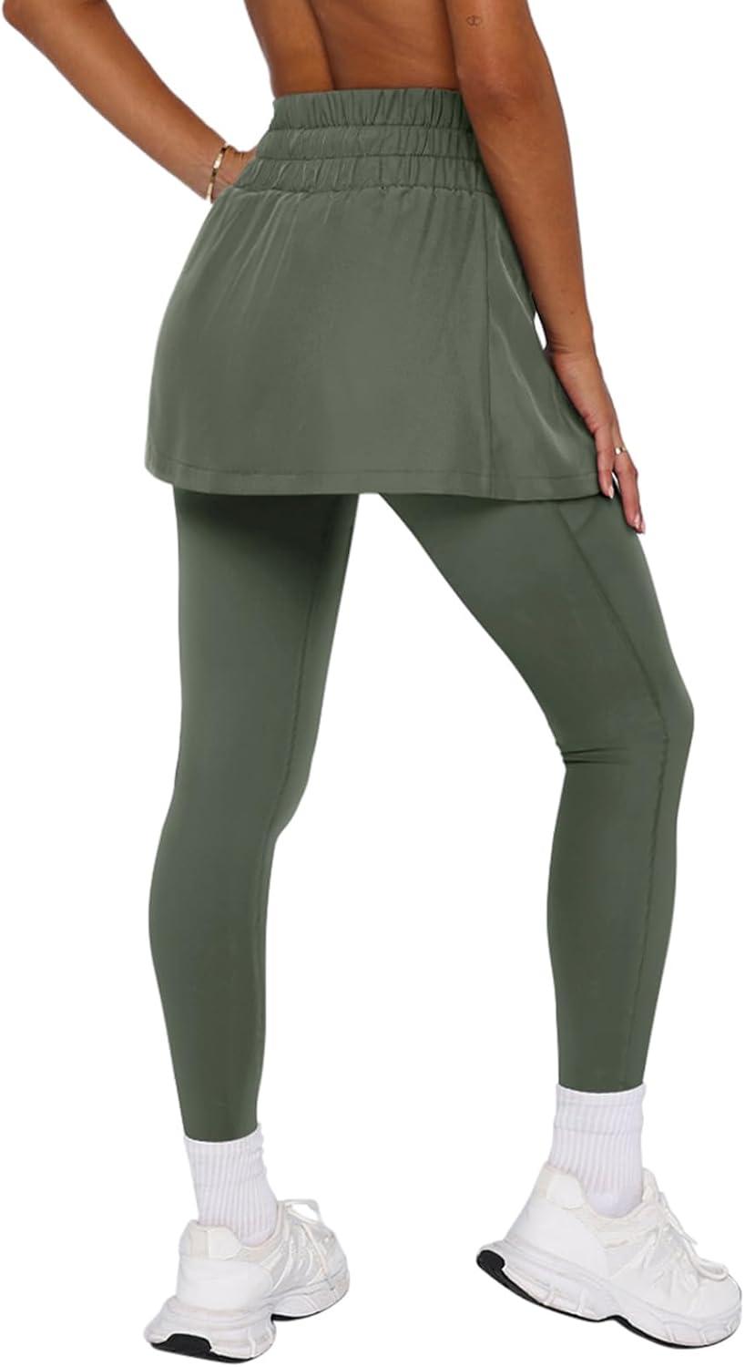 imageLASLULU Womens Tennis Skirted Leggings Yoga Gym Skirts with Leggings Athletic Golf Skorts with PocketsDark Green