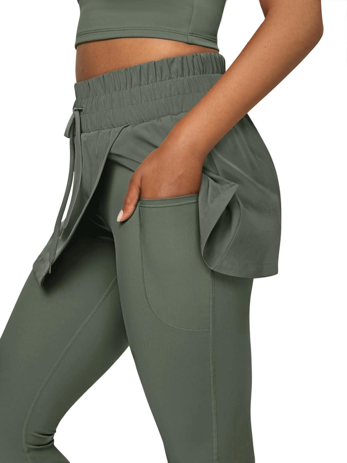 imageLASLULU Womens Tennis Skirted Leggings Yoga Gym Skirts with Leggings Athletic Golf Skorts with PocketsDark Green