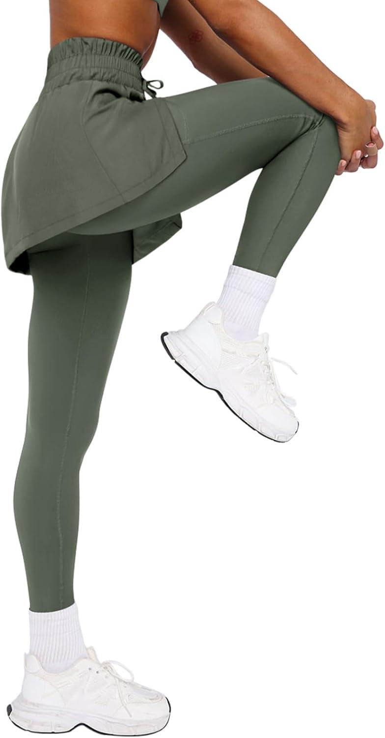 imageLASLULU Womens Tennis Skirted Leggings Yoga Gym Skirts with Leggings Athletic Golf Skorts with PocketsDark Green